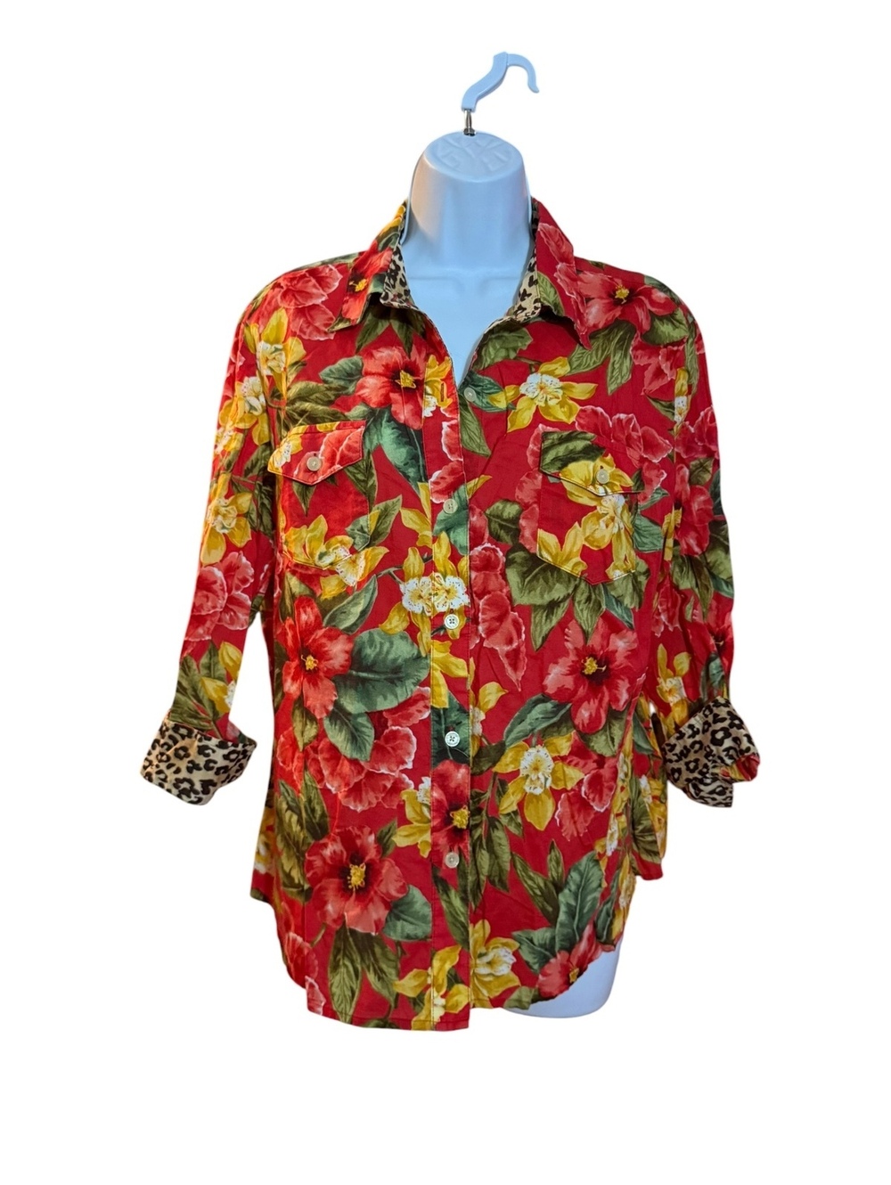 Jones New York Signature Red Floral Button-Up Shirt